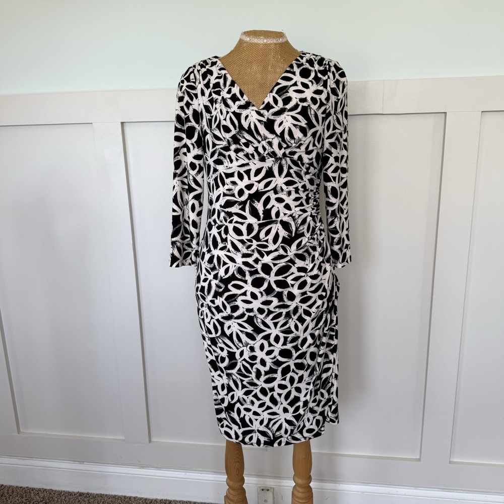 Ralph Lauren Dress Size 6 Black White 3/4 Sleeve V-Neck Ruched‎ Faux Wrap Sheath